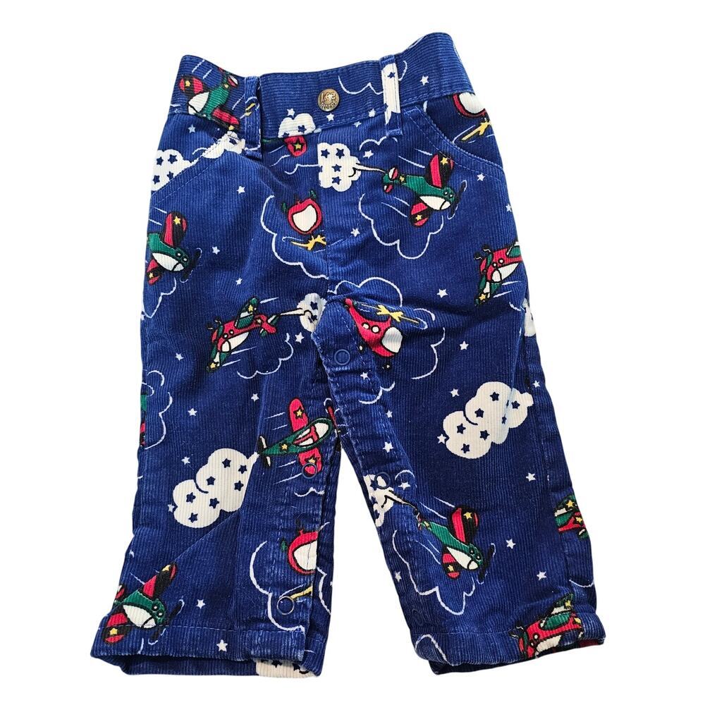 Vintage Lee 80s Toddler Corduroy Pants Blue Size 12 mths Planes Retro Cottage